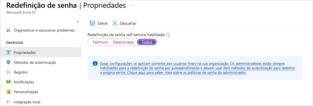 Captura de tela do painel de configuração de redefinição de senha. A opção Propriedades está selecionada, permitindo que o usuário ative as redefinições de senha de autoatendimento.