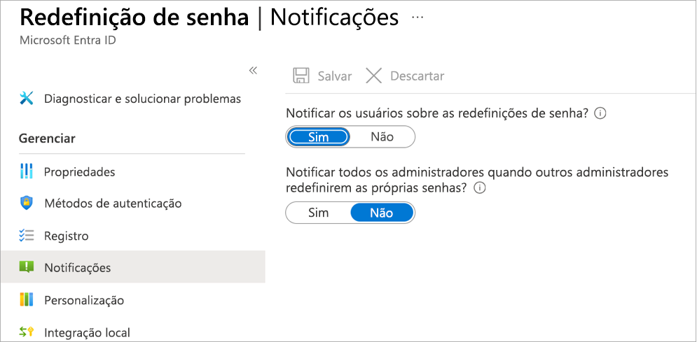 Captura de tela da opção Notificação do painel de Redefinição de Senha selecionada, mostrando o painel com as opções de notificação.