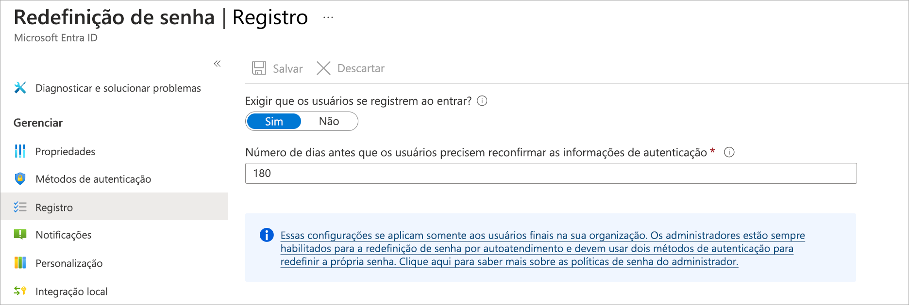 Captura de tela da opção Registro do painel de Redefinição de Senha selecionada, mostrando o painel com as opções de registro.