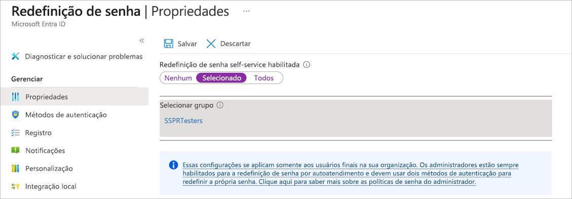 Captura de tela do painel de propriedades de redefinição de senha com SSPR habilitado e o grupo selecionado definido como SSPRTesters.