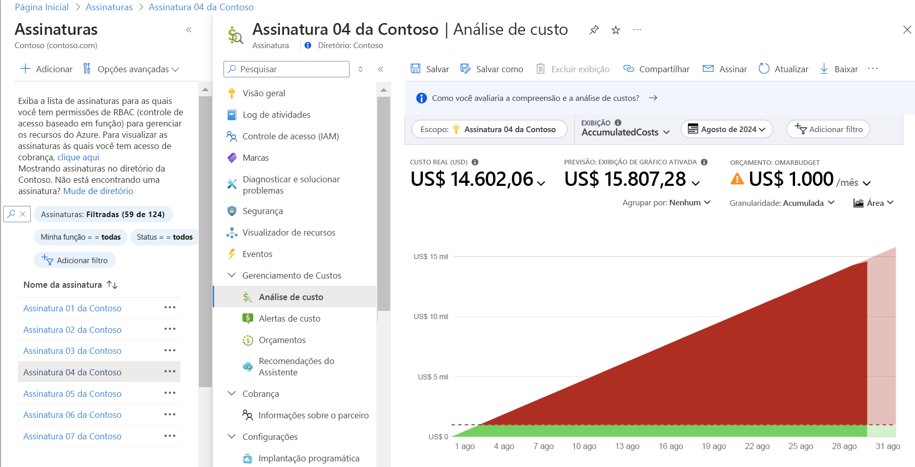 Captura de tela do portal do Azure com navegação até o painel de Análise de Custo de uma assinatura.