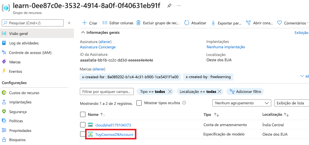 Captura de tela da interface do portal do Azure para a visão geral do grupo de recursos, com a especificação de modelo incluída na lista de recursos.