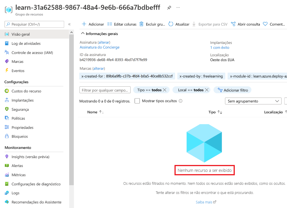 Captura de tela da interface do portal do Azure da implantação completa com o recurso de rede virtual não mais listado.