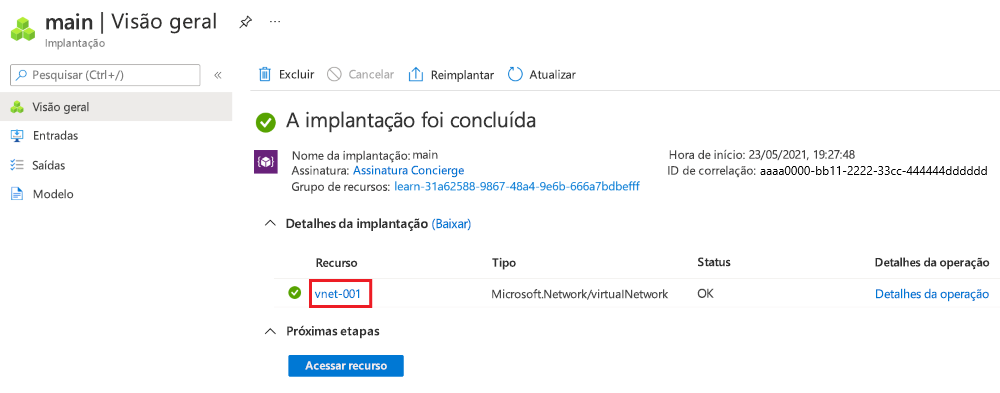 Captura de tela da interface do portal do Azure para a implantação específica, com um recurso de rede virtual listado.