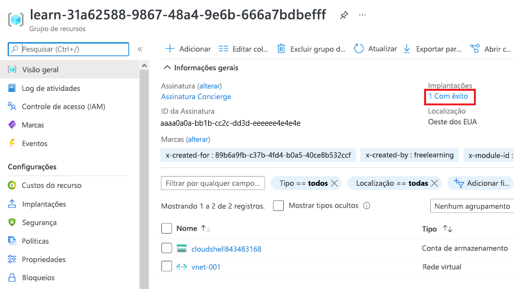 Captura de tela da interface do portal do Azure para as implantações com a implantação em questão listada e um status de êxito.