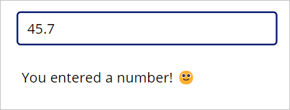 Captura de tela do número 45.7 inserido no campo de entrada de texto e o texto exibido mostrando 'Você inseriu um número!'.