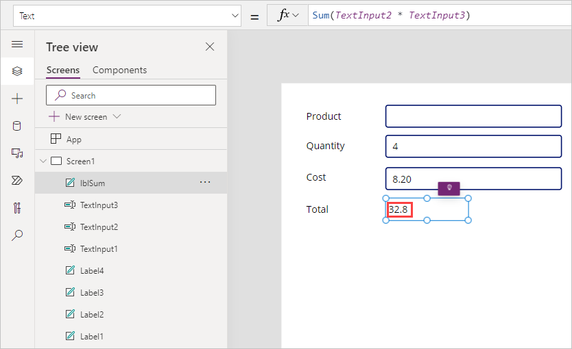 Captura de tela mostrando 4 como quantidade, 8,20 como custo e um total de 32,8.