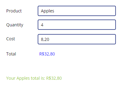 Captura de tela mostrando a entrada da Apple no campo Produto e a mensagem de resumo exibida em texto verde-amarelo.