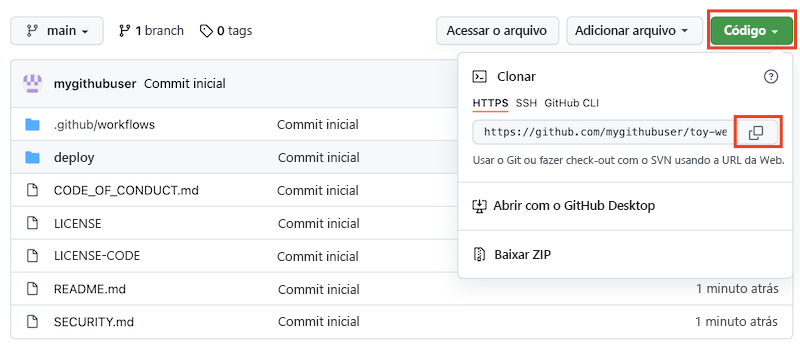 Captura de tela da interface do GitHub mostrando o novo repositório, com o botão de cópia de URL do repositório realçado.