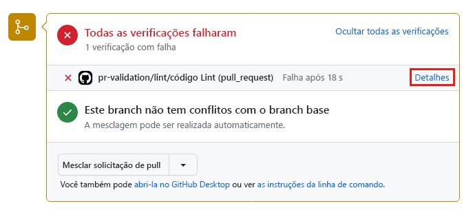 Captura de tela do GitHub que mostra a verificação de status com falha na página de detalhes da solicitação de pull.