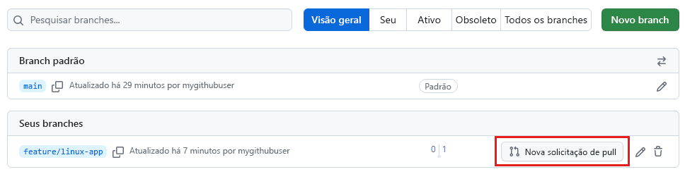 Captura de tela do GitHub que mostra o link para criar uma solicitação de pull para o branch de aplicativo linux de barra de recursos.