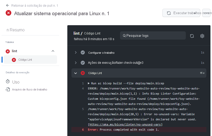 Captura de tela do GitHub que mostra o log de fluxo de trabalho, incluindo o erro de validação.