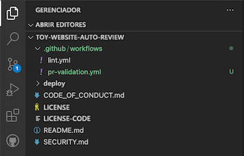 Captura de tela do Visual Studio Code que mostra o arquivo YML do ponto de validação PR na pasta de fluxos de trabalho.