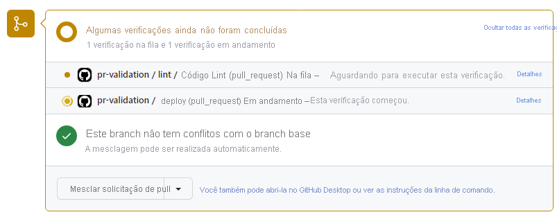 Captura de tela da solicitação de pull do GitHub que mostra os itens de verificação de status. O link 