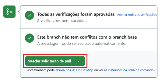 Captura de tela da solicitação de pull do GitHub mostrando que as duas verificações de status foram aprovadas.