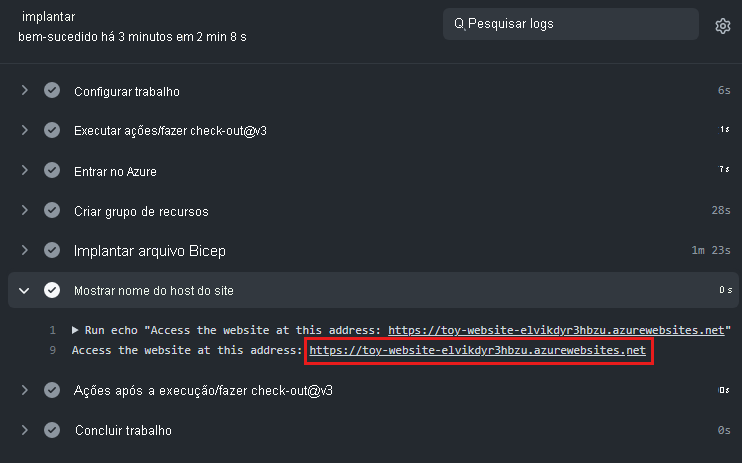 Captura de tela do log de implantação do GitHub Actions. A URL do site na etapa Mostrar nome de host do site está realçada.