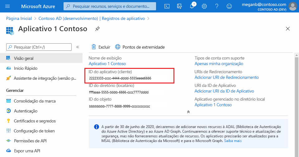 Captura de tela destacando a ID do aplicativo de um aplicativo registrado com o Microsoft Entra ID no portal do Azure.