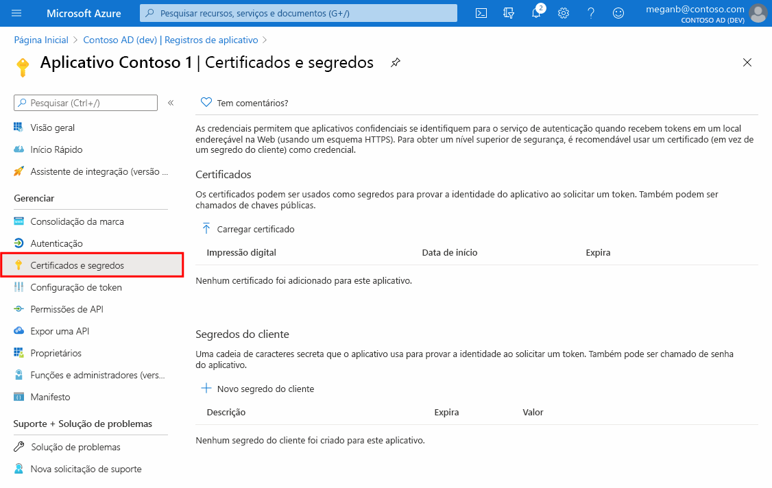 Captura de tela realçando o painel de certificados e segredos de um aplicativo registrado com o Microsoft Entra ID no portal do Azure