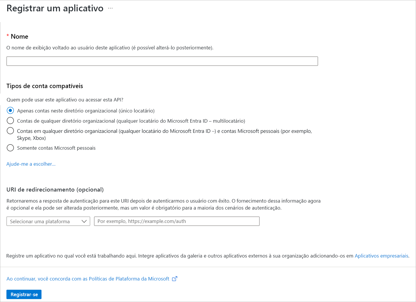 Captura de tela mostrando o registro de um novo aplicativo com o Microsoft Entra ID no portal do Azure.