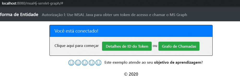 Captura de tela mostrando o botão para o grafo de chamadas exibido na página após a conexão bem-sucedida ao aplicativo de exemplo.