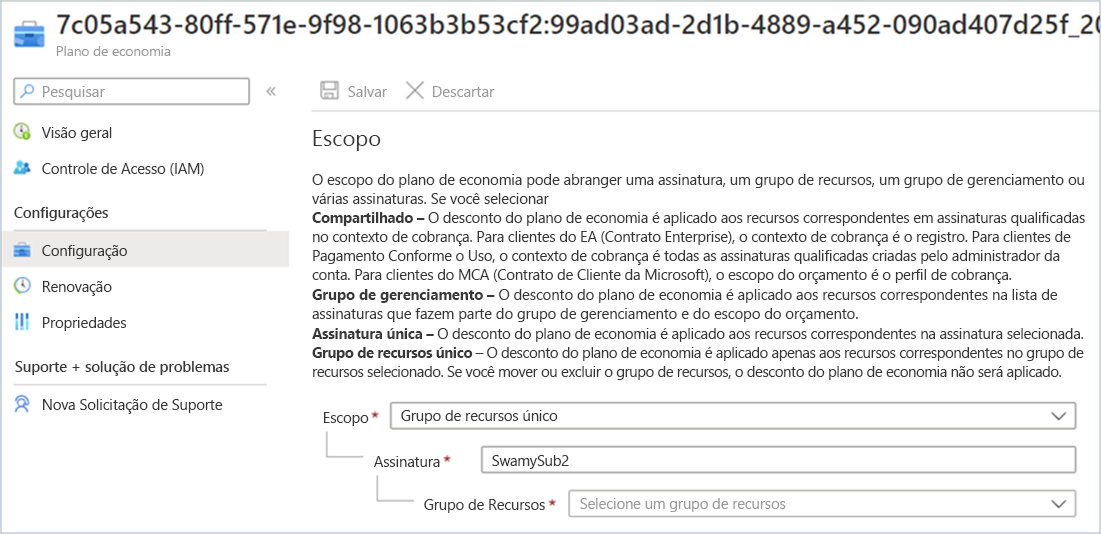 Captura de tela mostrando a descrição do escopo de um escopo compartilhado, um grupo de gerenciamento, uma assinatura ou um grupo de recursos.