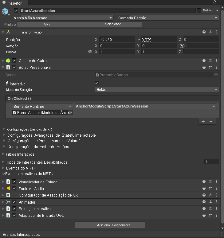 Screenshot that shows Unity with the StartAzureSession button's OnClick event configured.