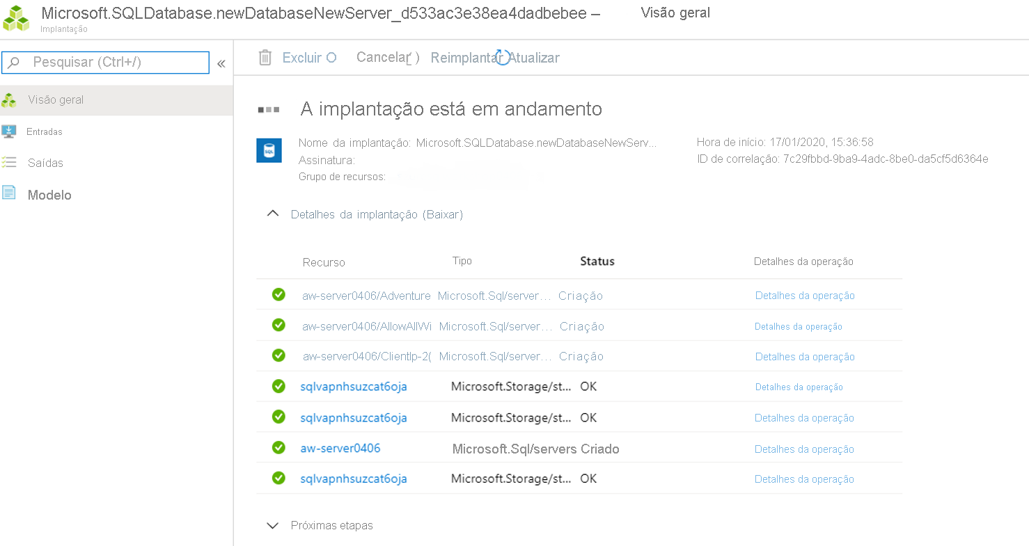 Captura de tela da implantação dos recursos.
