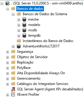 Captura de tela de como é o procedimento de implantação do SQL Server 2019 no SSMS.