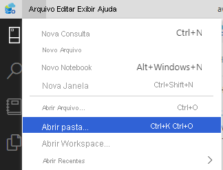 Captura de tela de abertura de uma pasta no Azure Data Studio.