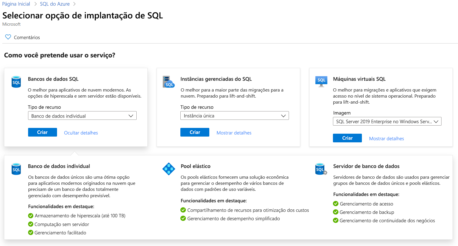 Captura de tela que mostra as opções de implantação do SQL do Azure no portal do Azure.