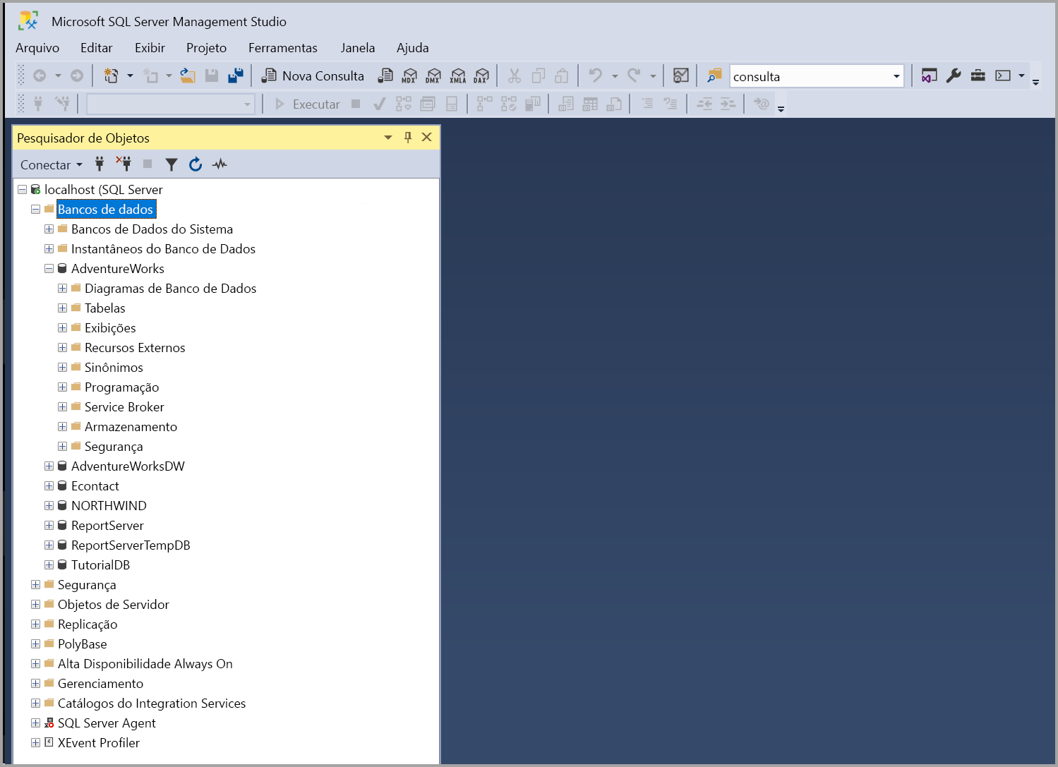 Captura de tela que mostra o SSMS (SQL Server Management Studio).