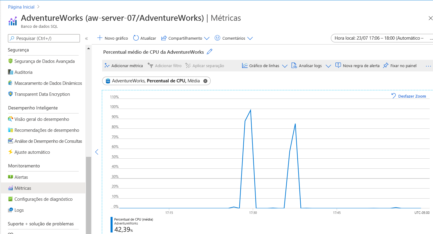 Captura de tela da comparação de consulta no portal do Azure.