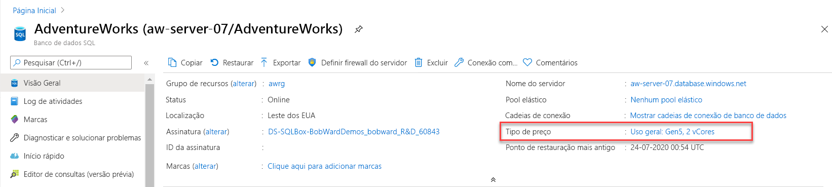 Captura de tela da alteração da camada de serviço no portal do Azure.