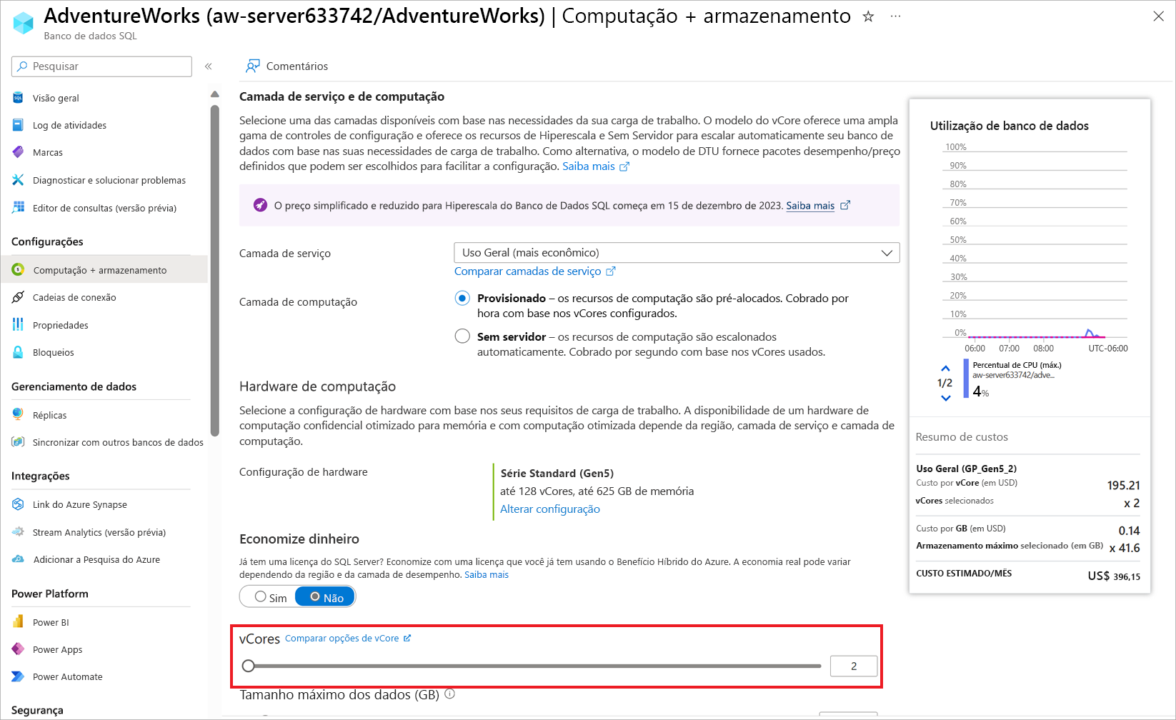 Captura de tela das opções de computação no portal do Azure.