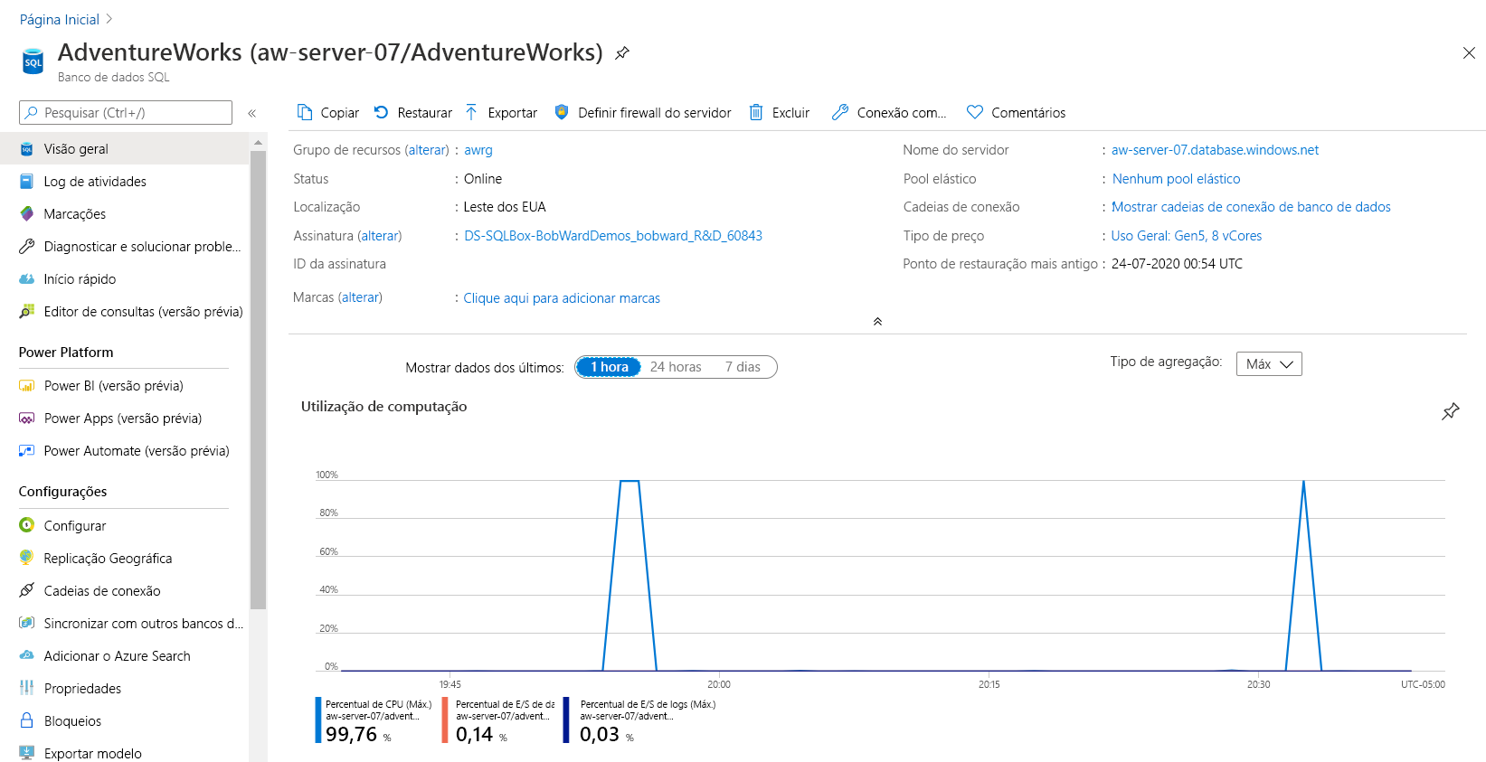 Captura de tela da comparação de computação no portal do Azure.