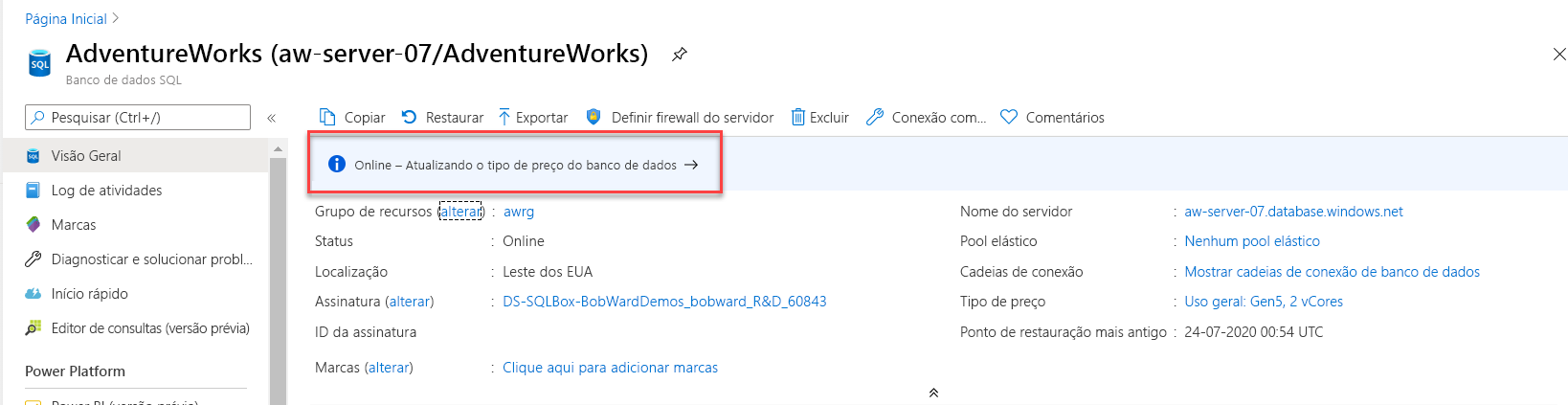 Captura de tela da atualização no portal do Azure.