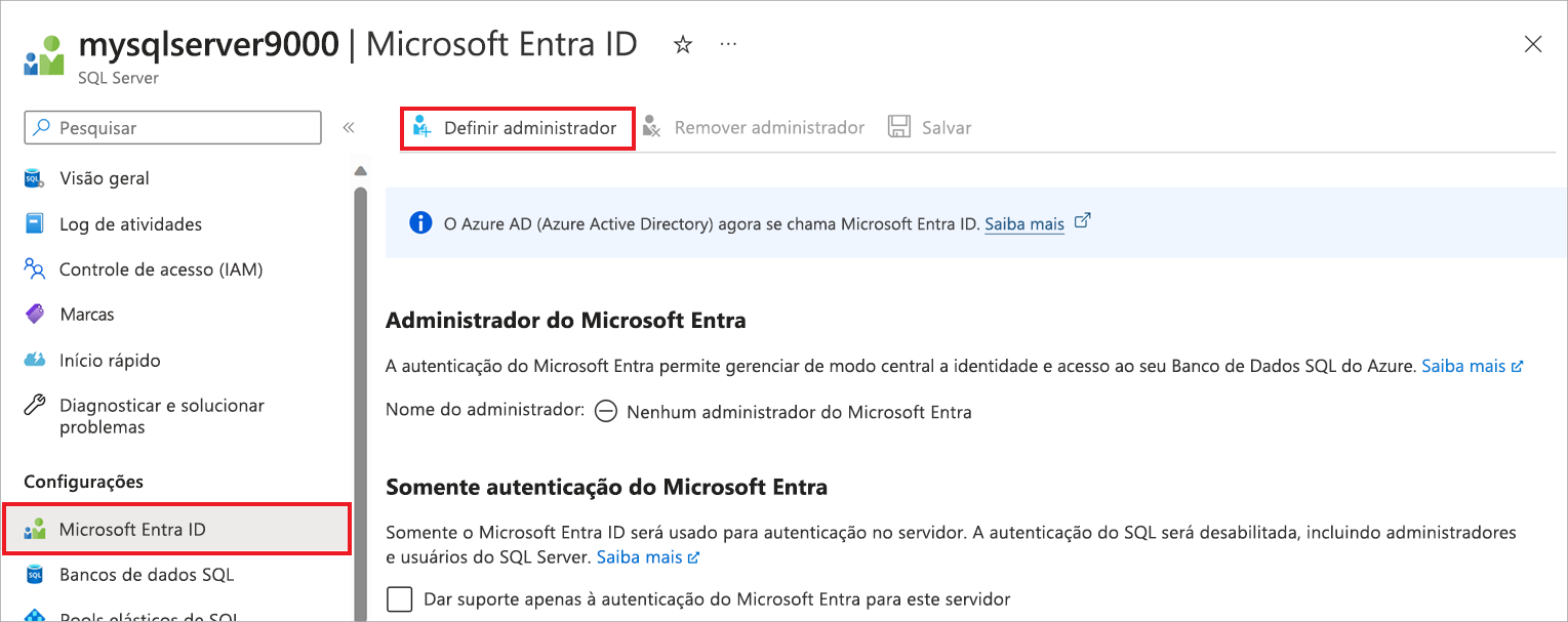 Captura de tela da configuração do administrador do Microsoft Entra.