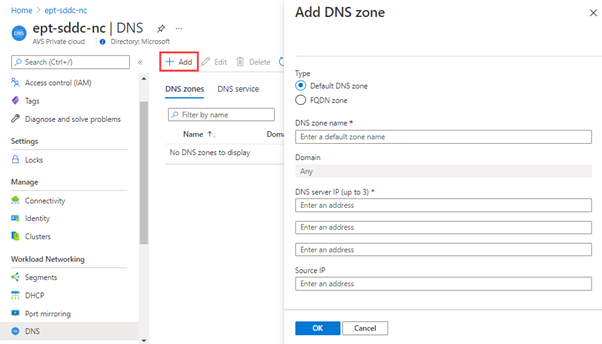 Captura de tela da portal do Azure mostrando onde configurar as zonas DNS na Rede de Carga de Trabalho.