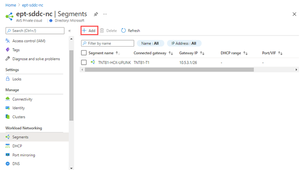 Captura de tela do portal do Azure mostrando como adicionar um segmento de rede do NSX-T Manager.