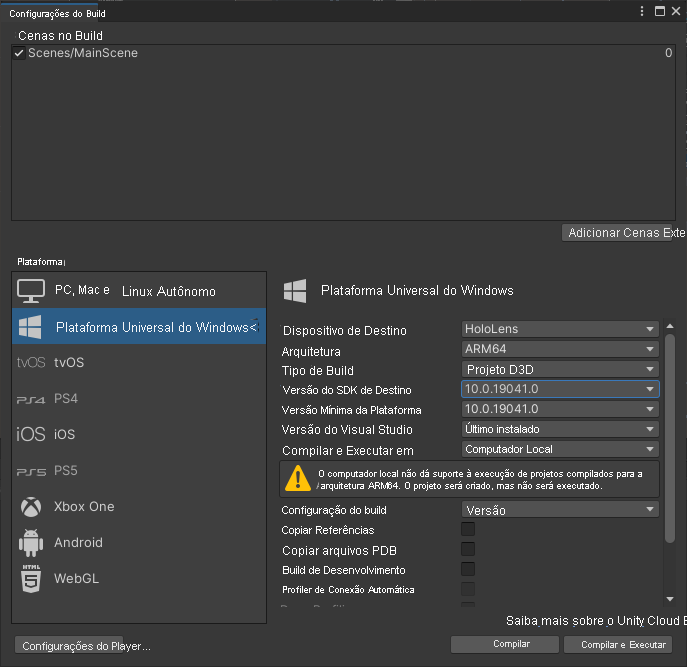 Screenshot of the Unity build settings window with the main scene and universal windows platform options highlighted.