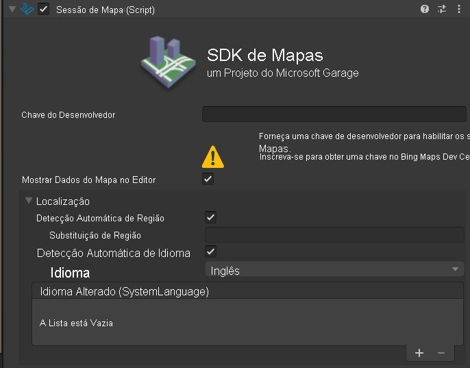 Screenshot of the Bing Maps Design prefab with the map session script selected.