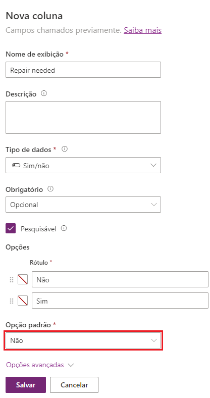 Captura de tela da adição de uma coluna Sim/Não com a opção padrão realçada como Não.