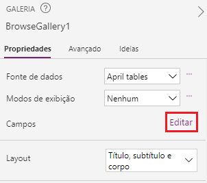 Captura de tela das propriedades da galeria com o botão de edição realçado em Campos. 