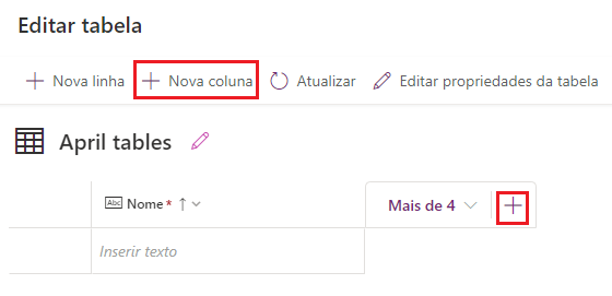 Captura de tela de Editar tabela com realces nos botões Nova coluna.