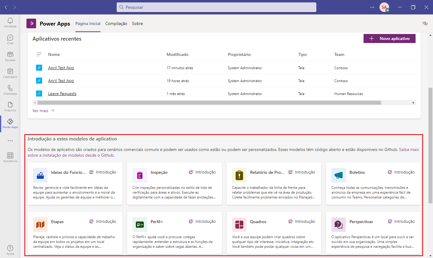 Captura de tela da oferta de aplicativos de modelos do Teams.