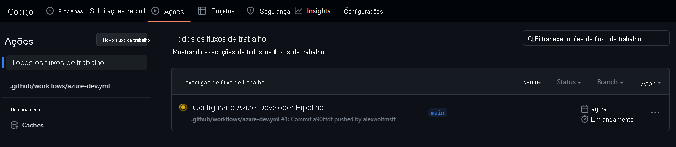 Uma captura de tela mostrando um fluxo de trabalho de ações do GitHub em execução.