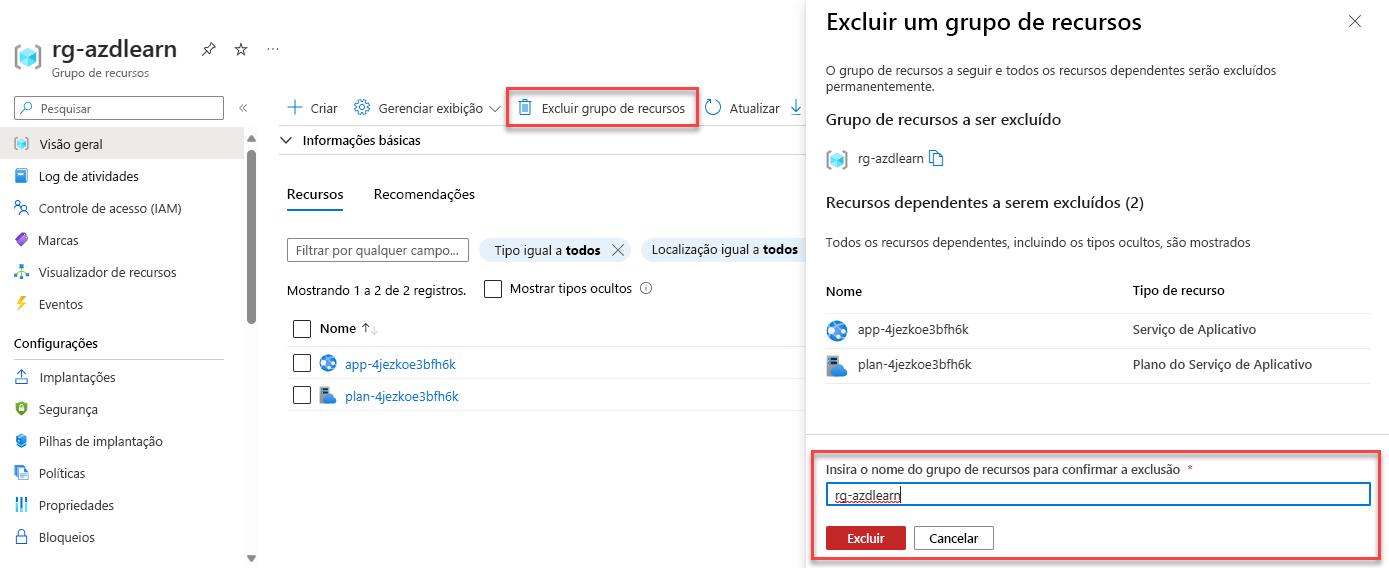 Uma captura de tela mostrando como excluir um grupo de recursos.