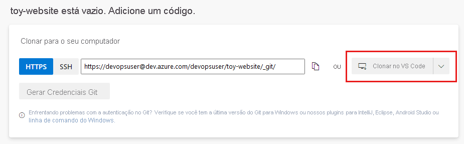 Captura de tela mostrando as configurações do repositório com o botão Clonar no VS Code realçado.