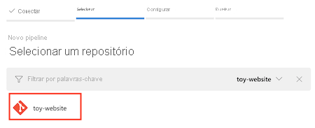 Captura de tela que mostra a guia Configurar pipeline com o repositório toy-website selecionado.