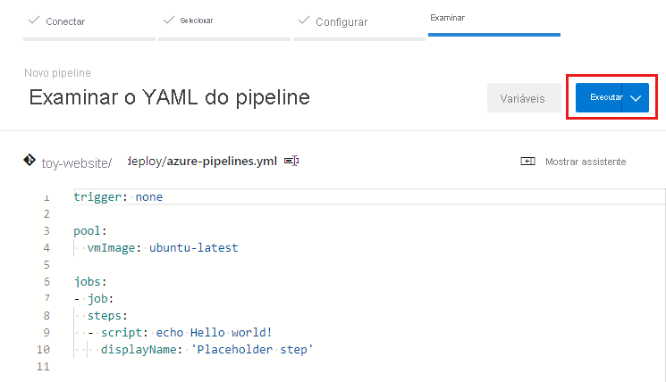 Captura de tela que mostra a etapa Examinar do fluxo Criar Pipeline, com o botão Executar realçado.